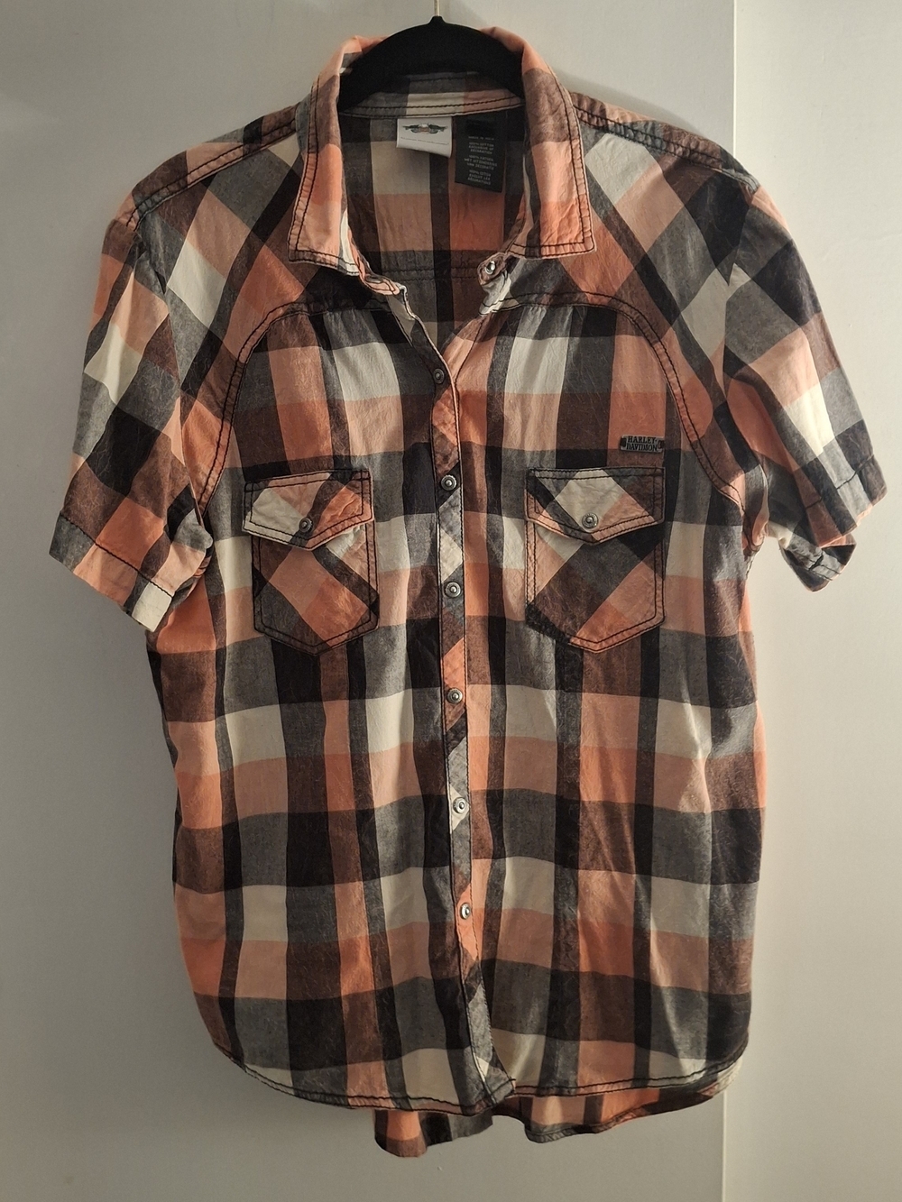 Harley-Davidson Women's Orange Black White Plaid Short-Sleeve Snsp-Front Shirt